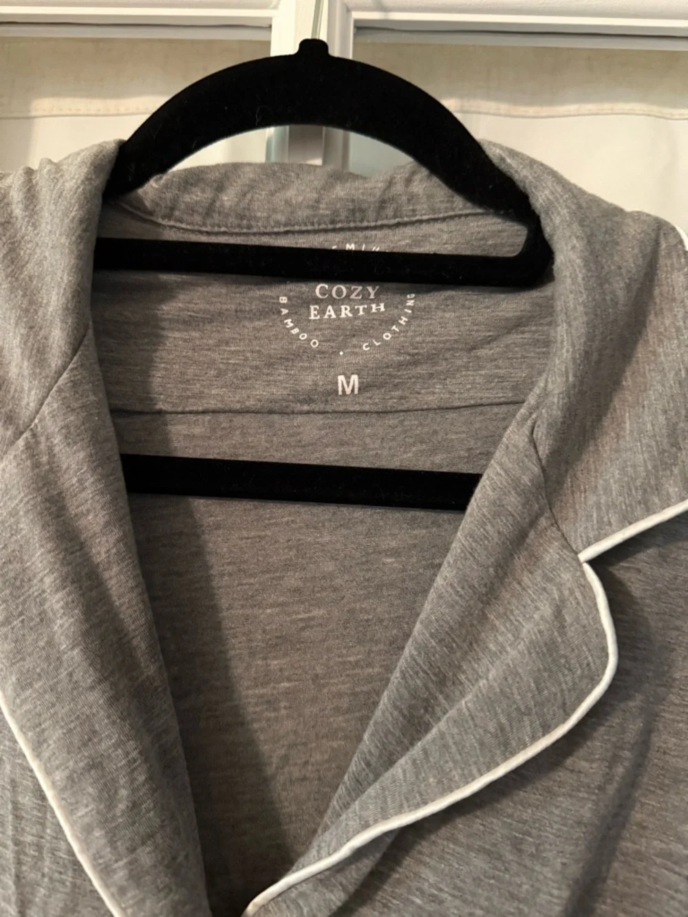 Cozy Earth Gray Pajama Top with White Piping - M